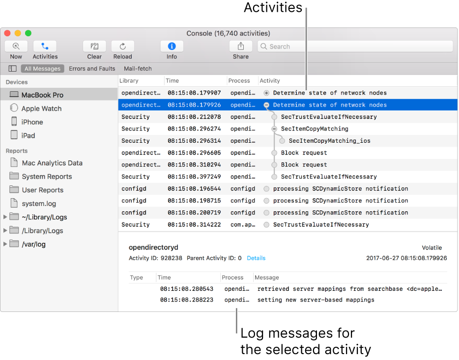 The Console window showing activities on the top and log messages for the selected activity on the bottom.