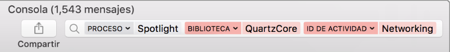 Campo de búsqueda en la ventana de Consola con criterios de búsqueda para buscar mensajes en los procesos de Spotlight, pero no en la biblioteca de QuartzCore o en la categoría Redes.