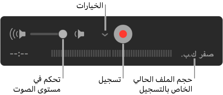 عناصر التحكم في التسجيل، وتحتوي على عنصر التحكم في مستوى الصوت، والزر تسجيل، والقائمة المنبثقة خيارات.