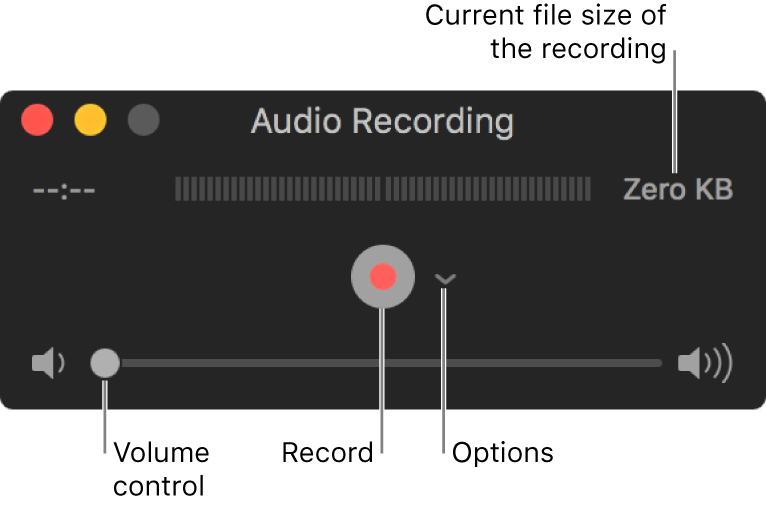 The Audio Recording window with the Record button and the Options pop-up menu in the center of the window, and the volume control at the bottom.