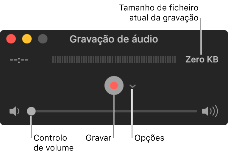 A janela “Gravação de áudio” com o botão Gravar e o menu pop-up Opções no centro da janela e o controlo de volume na parte inferior.