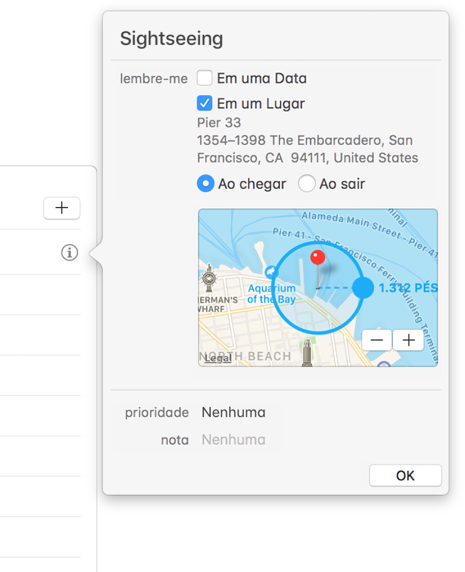 Janela de detalhes de um lembrete configurado para gerar uma notificação em um lugar