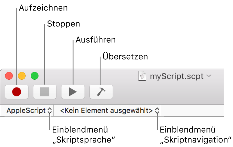 Die Skripteditor-Symbolleiste mit den Steuerelementen für Aufzeichnen, Stoppen, Ausführen, Kompilieren, Skriptsprache und Skriptnavigation