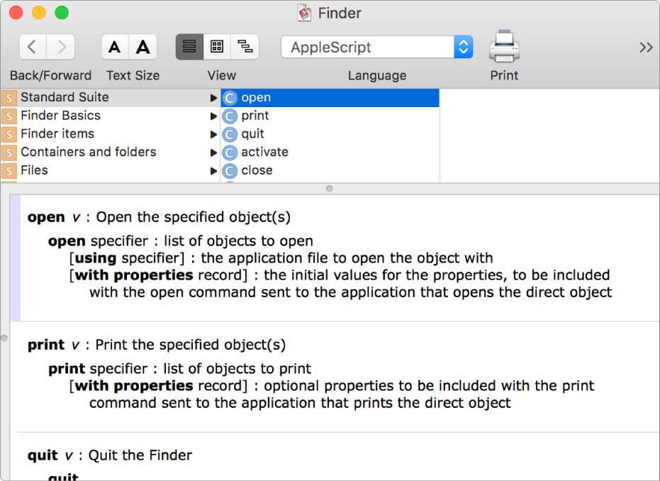 The Finder app AppleScript dictionary.