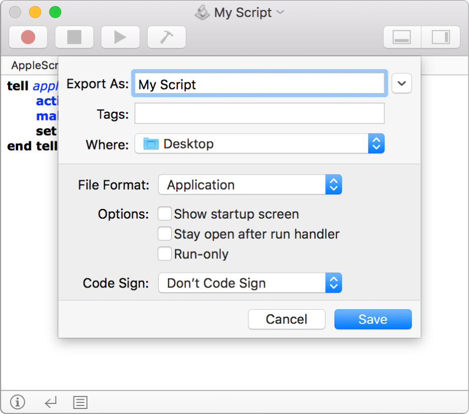 The Export dialog showing the File Format pop-up menu with Application selected and the options you can set when saving your script.