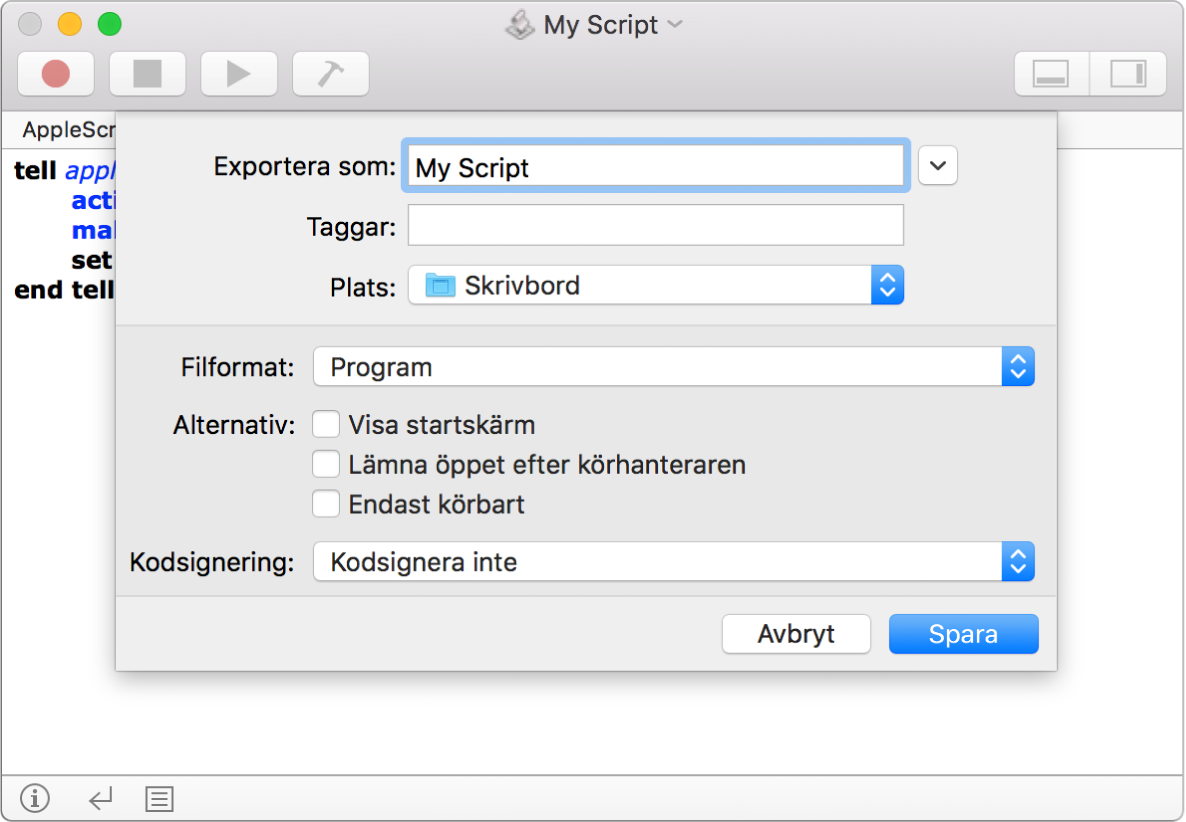 Dialogrutan Exportera med popupmenyn Filformat. Program är valt och de alternativ som du kan ställa in när du sparar ditt skript visas.