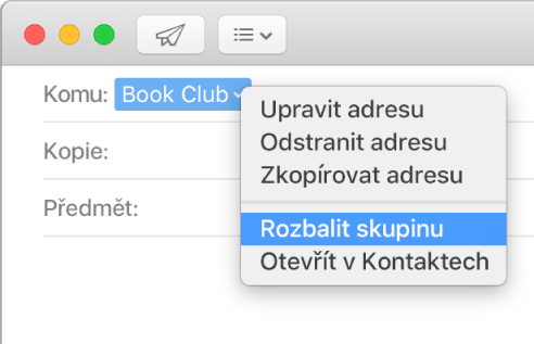 E‑mail, v němž je v poli Komu zobrazena skupina, a místní nabídka obsahující příkaz Rozbalit skupinu