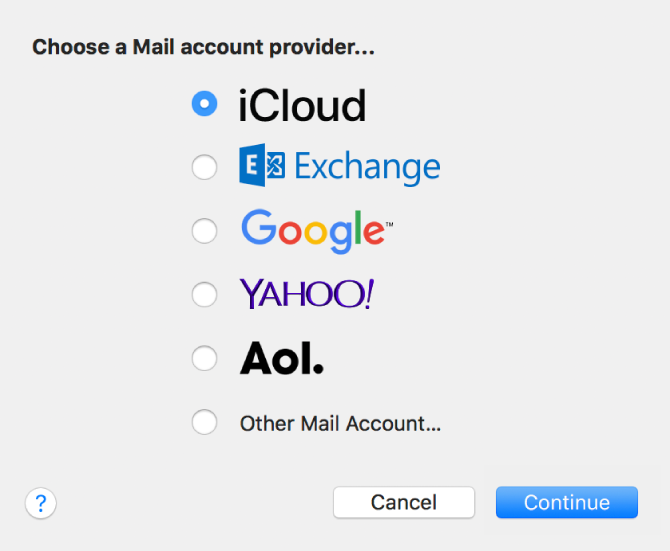 The Add Account pane for adding email accounts to Mail.