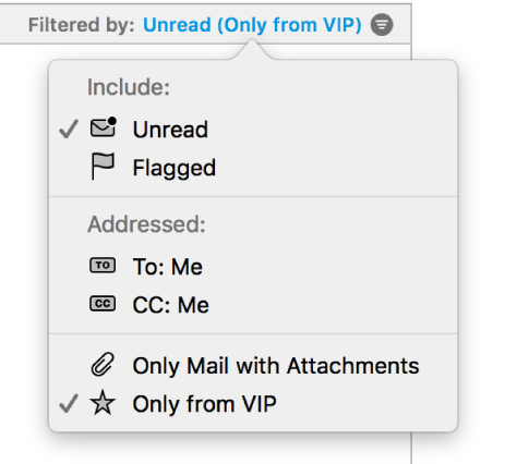 The filter pop-up menu showing the six possible filters: Unread, Flagged, To: Me, CC: Me, Only Mail with Attachments, and Only from VIP.