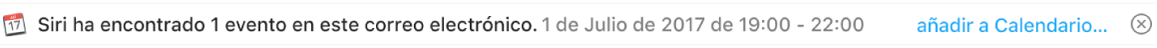 Una franja bajo la cabecera del mensaje en el área de previsualización muestra información sobre un evento que Siri ha encontrado en el mensaje. En el extremo derecho hay un vínculo para añadir el evento a Calendario.