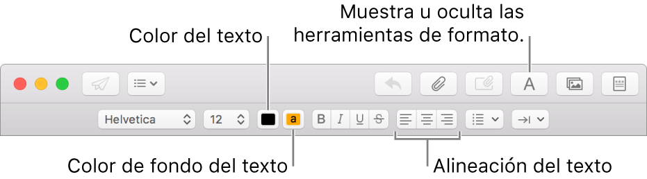 La barra de herramientas y la barra de formato en una ventana de mensaje nuevo, que indica el color del texto, el color del fondo del texto y los botones de alineación del texto.