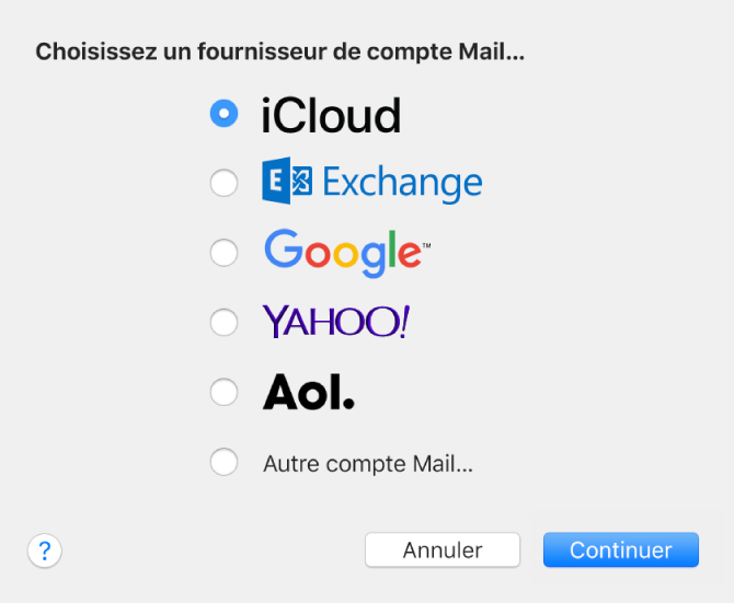 La sous-fenêtre Ajouter un compte pour ajouter des comptes de messagerie électronique à Mail.