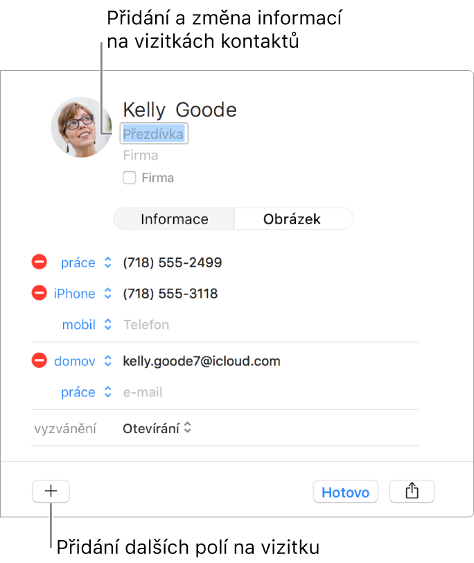 Vizitka kontaktu na níž je pod jménem kontaktu zobrazeno pole s přezdívkou a na dolním okraji okna tlačítko pro přidání dalších polí do vizitky