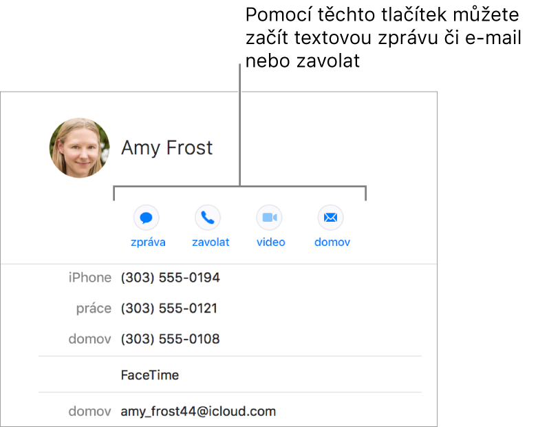 Vizitka s tlačítky pod jménem kontaktu Pomocí těchto tlačítek můžete vytvořit textovou zprávu, uskutečnit telefonní hovor, audiohovor či videohovor nebo napsat e‑mail.