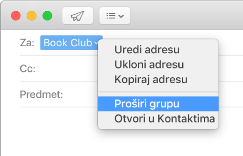 E-mail poruka u aplikaciji Mail koja prikazuje grupu u polju Za i skočni izbornik koji prikazuje odabranu naredbu Proširi grupu.