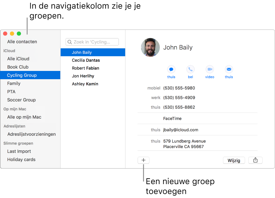 Het Contacten-venster met de navigatiekolom, met daarin groepen zoals 'Book Club' en 'Cycling Group', en de knop onder in een contactpersoonkaart voor het toevoegen van een nieuwe groep.