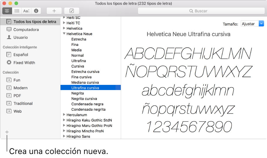 Ventana de Catálogo Tipográfico mostrando el botón Agregar en la esquina inferior izquierda para crear una nueva colección, colección inteligente o biblioteca.