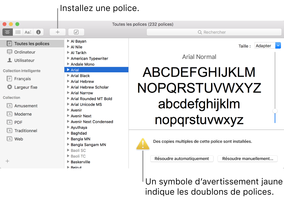 La fenêtre Livre des polices affichant le bouton Ajouter dans la barre d’outils pour l’ajout de polices et, dans le coin inférieur droit, un point d’exclamation jaune permettant d’identifier les doublons de police.