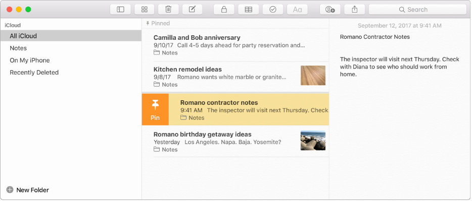 The Notes window with the sidebar on the left, the list of notes in the middle, and the note content on the right.