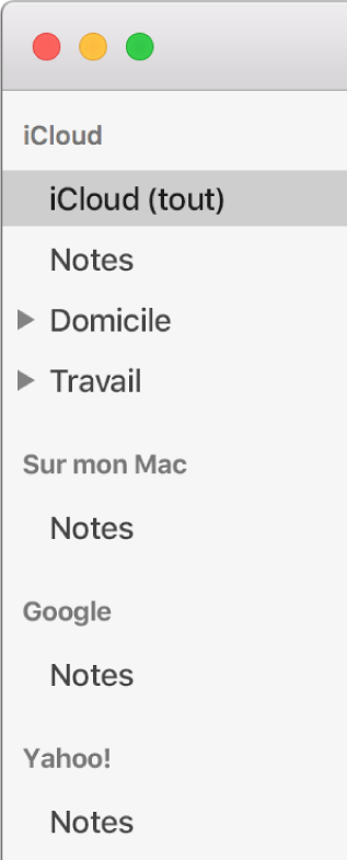 La liste des comptes dans Notes avec iCloud, Sur mon Mac et d’autres comptes comme Google et Yahoo.