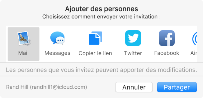 La zone de dialogue Ajouter des personnes, à partir de laquelle vous pouvez déterminer comment inviter des personnes à collaborer sur une note.