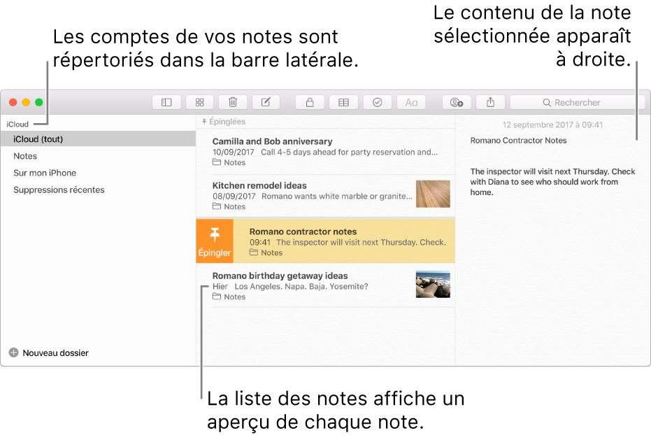 La fenêtre Notes avec tous vos comptes configurés répertoriés dans la barre latérale sur la gauche, la liste des notes au milieu avec un aperçu de chaque note et le contenu de la note sélectionnée sur la droite.