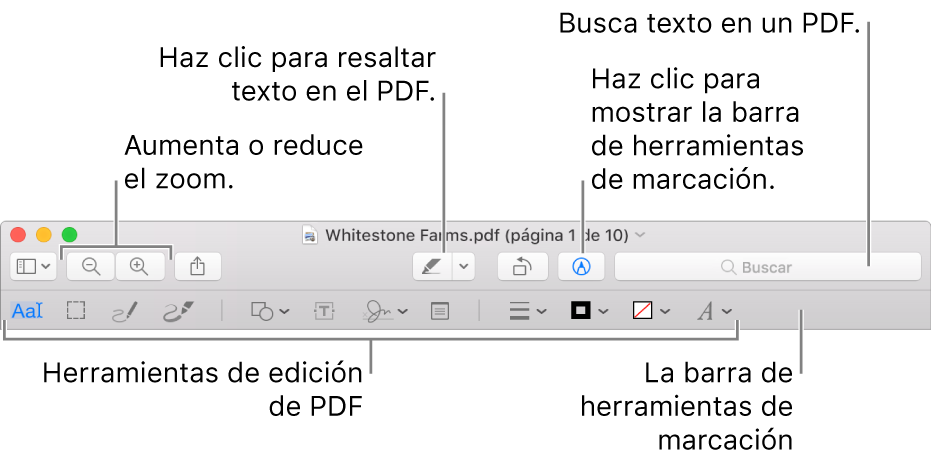 La barra de herramientas Marcación para marcar un PDF.