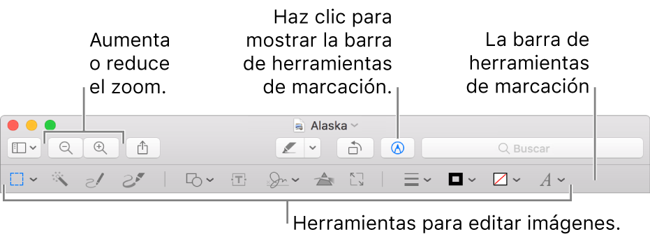 La barra de herramientas Marcación para editar imágenes.