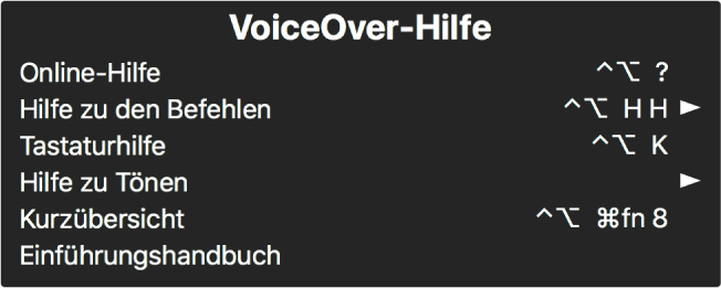 Das VoiceOver-Hilfemenü ist ein Bereich, in dem Folgendes von oben nach unten aufgelistet wird: Online-Hilfe, Hilfe zu Befehlen, Tastaturhilfe, Hilfe zu Tönen, Kurzübersicht und Einführungshandbuch. Rechts neben jedem Objekt befindet sich der VoiceOver-Befehl, der das Objekt anzeigt, bzw. ein Pfeil, der zu einem Untermenü führt.