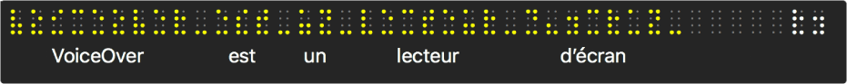 Le panneau braille affiche des points braille jaunes fictifs. Le texte sous les points présente ce que VoiceOver énonce.