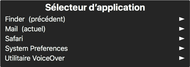 La sous-fenêtre Sélecteur d’application affiche les applications actuellement ouvertes. Une flèche apparaît à droite de chaque élément de la liste.