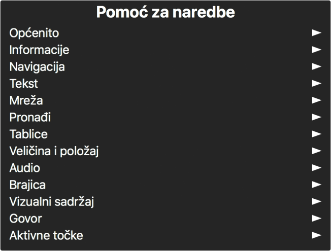 Izbornik Pomoć za naredbe je prozor koji navodi kategorije naredbi, počevši od Općenito i završno s Aktivne točke. S desne strane svake stavke u popisu nalazi se strelica za pristup podizborniku te stavke.