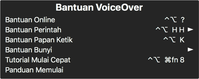 Menu Bantuan VoiceOver adalah panel yang mencantumkan, dari atas ke bawah: Bantuan Online, Bantuan Perintah, Bantuan Papan Ketik, Bantuan Bunyi, Tutorial Mulai Cepat, dan Panduan Memulai. Di kanan setiap item adalah perintah VoiceOver yang menampilkan item, atau panah untuk mengakses submenu.