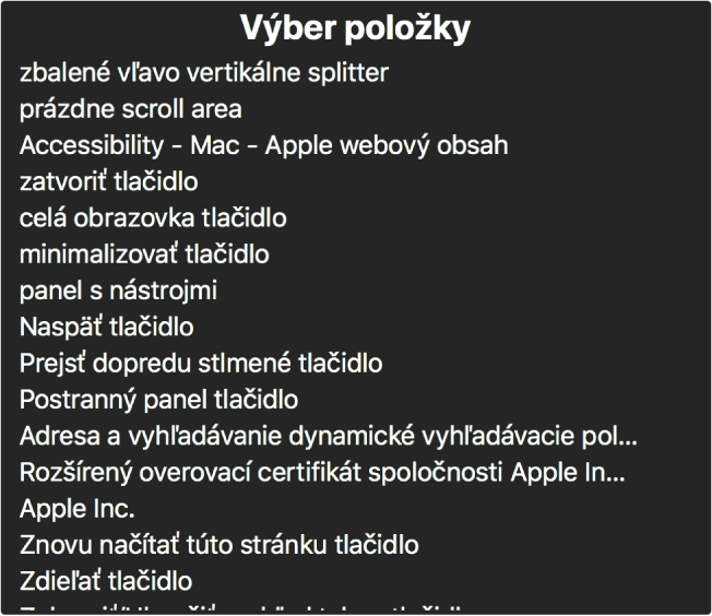 Nástroj Výber položky je panel, ktorý zobrazuje položky, ako napríklad prázdnu rolovaciu oblasť, tlačidlo Zatvoriť, panel s nástrojmi a tlačidlo Zdieľať a iné.