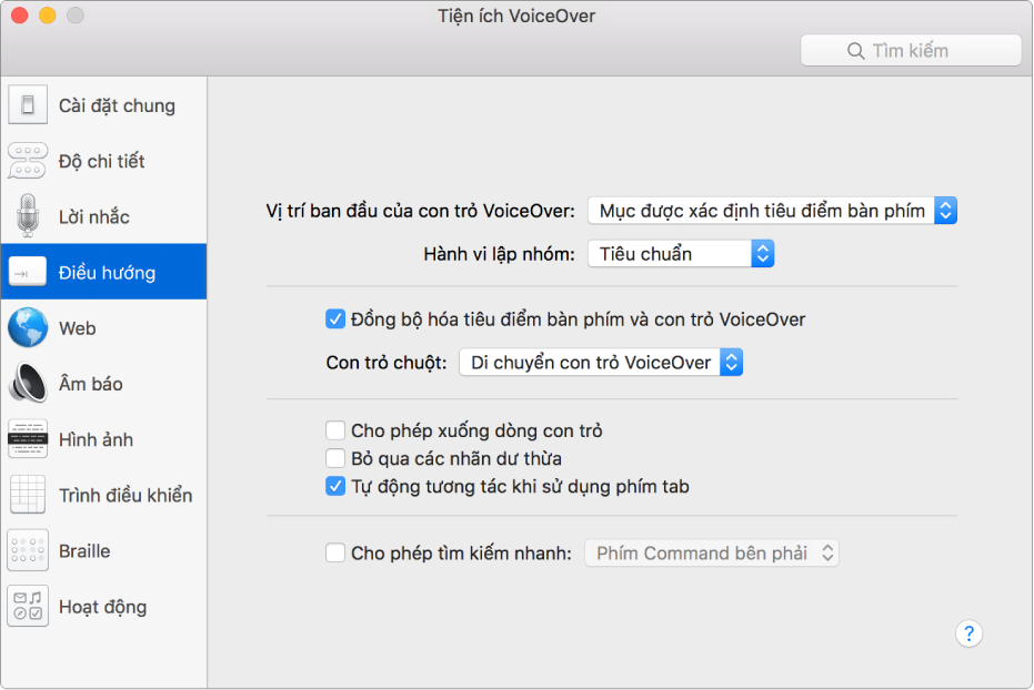 Cửa sổ Tiện ích VoiceOver đang hiển thị danh mục Điều hướng đã chọn trên thanh bên ở bên trái và các tùy chọn ở bên phải. Ở góc dưới cùng bên phải của cửa sổ là nút Trợ giúp để hiển thị trợ giúp VoiceOver trực tuyến về các tùy chọn.