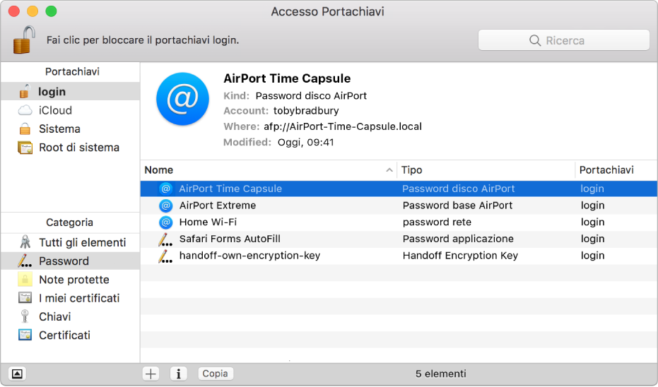 Una finestra di Accesso Portachiavi che mostra un elenco degli account con le password salvate in un portachiavi.