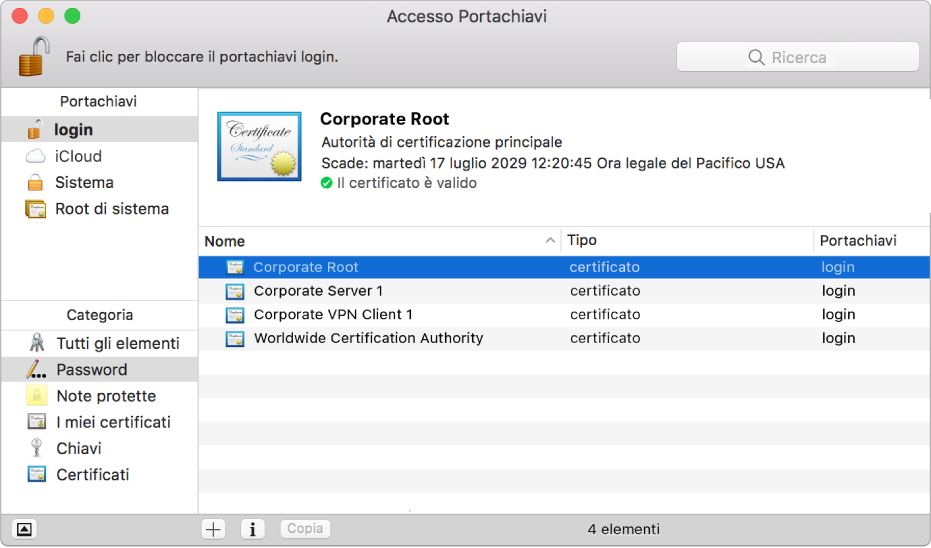 Una finestra di Accesso Portachiavi che mostra i certificati.
