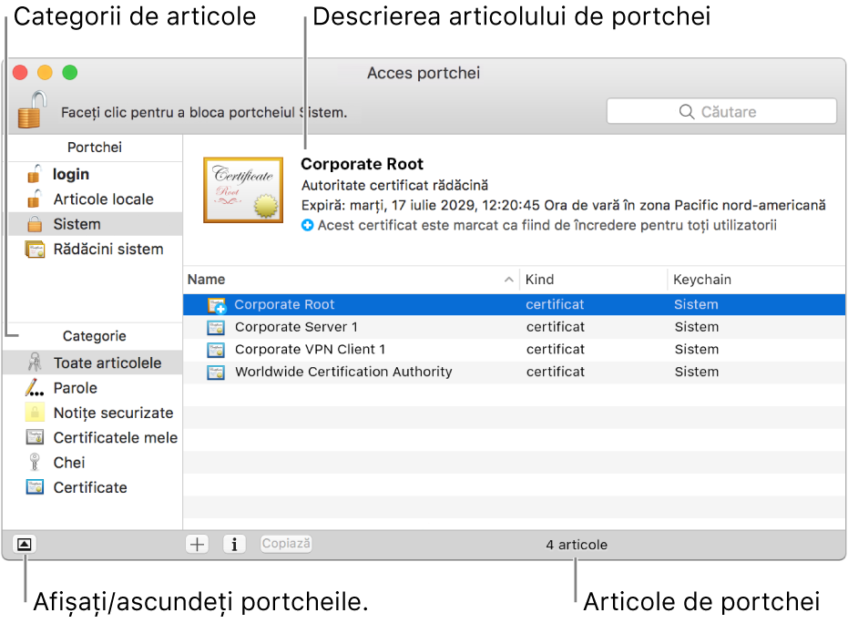 Fereastră Acces portchei. În partea stângă sus este lista portcheilor dvs., iar dedesubt este lista categoriilor de articole din portcheiul selectat (cum ar fi Parole și Notițe securizate). În partea dreaptă jos se află lista articolelor din categoria selectată, iar deasupra listei de articole este o descriere a articolului selectat.