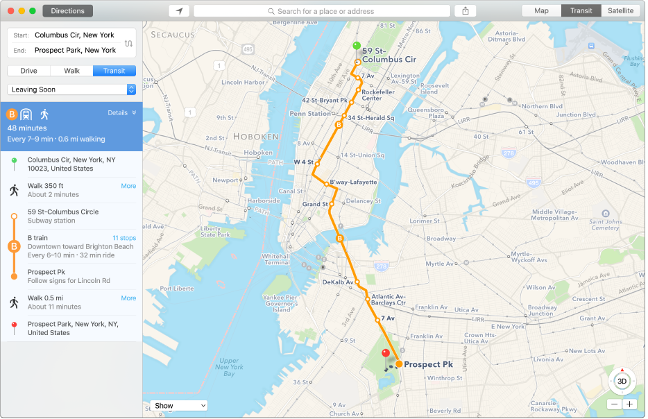 Maps window showing a transit route to a destination and the estimated travel time.