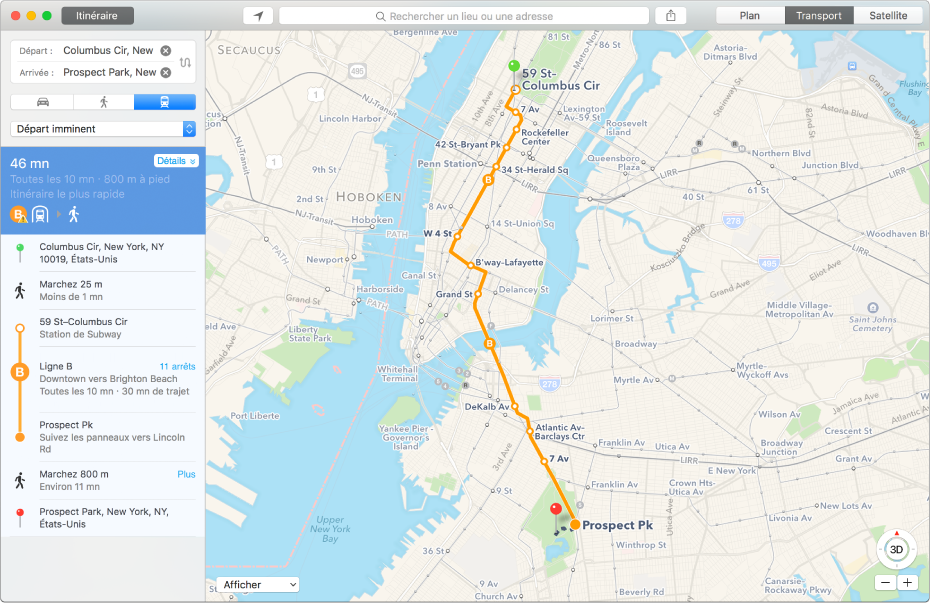 Fenêtre Plans affichant un itinéraire en transports vers une destination et le temps de trajet estimé.