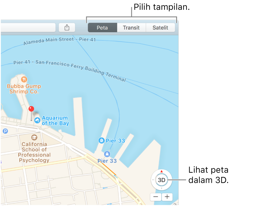 Klik Peta atau Satelit di bar alat untuk mengubah tampilan. Untuk melihat peta dalam tampilan 3D, klik tombol di bagian bawah jendela.