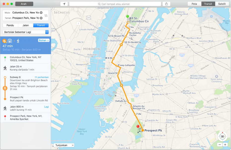 Tetingkap Peta menunjukkan laluan transit ke destinasi dan anggaran masa perjalanan.