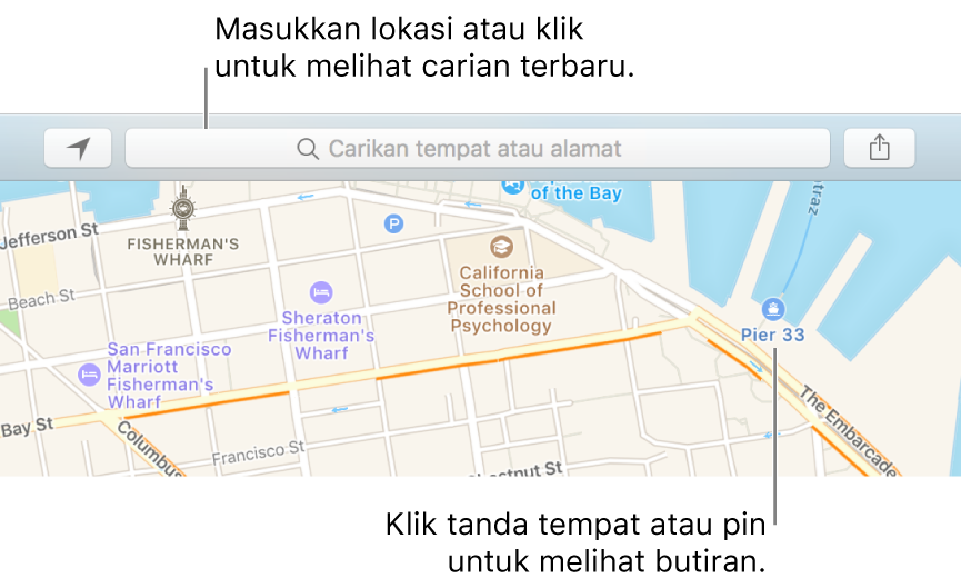 Masukkan lokasi dalam medan carian, atau kliknya untuk melihat carian terbaru. Klik mercu tanda atau pin untuk melihat butiran.