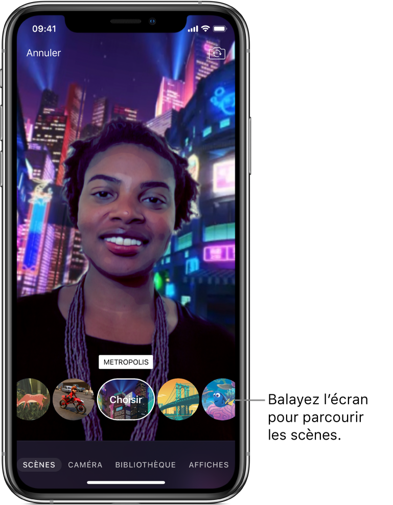 Une scène en selfie dans le visualiseur, avec les options de scène en bas.