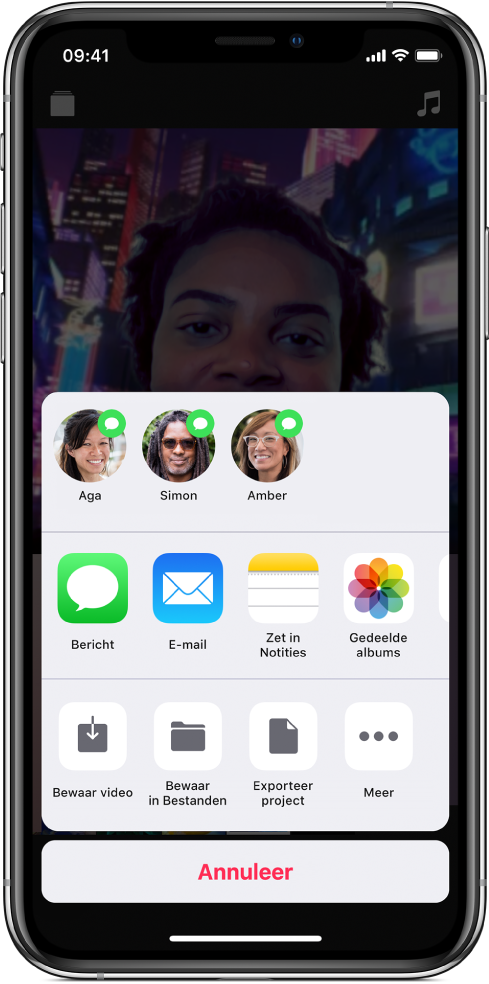 Opties voor delen, met suggesties voor personen met wie je een video kunt delen.