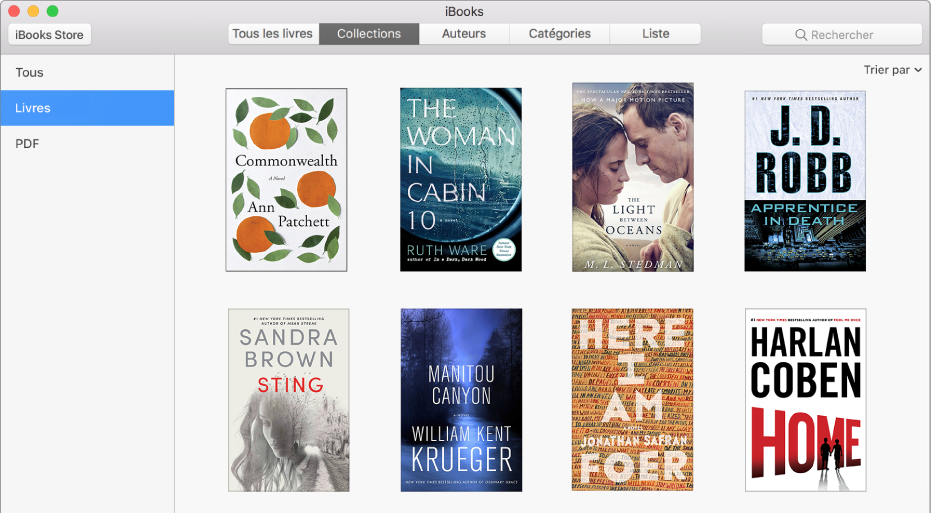 La présentation Collections de la bibliothèque iBooks présentant la liste des collections Tous, Livres et PDF à gauche.
