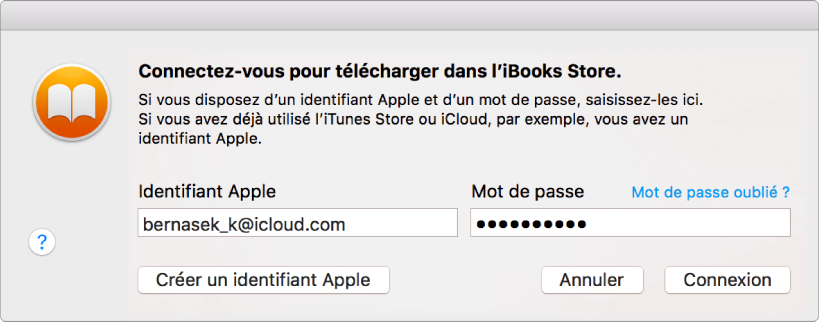 La zone de dialogue permettant de se connecter à l’aide d’un identifiant Apple et d’un mot de passe.