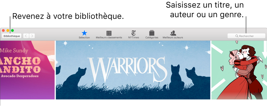 La barre d’outils de l’iBooks Store. Cliquez sur Bibliothèque pour revenir à votre bibliothèque.