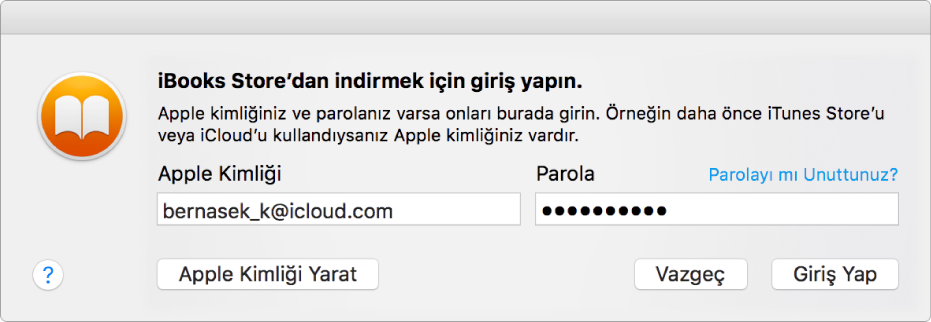 Apple kimliği ve parola kullanarak giriş yapma sorgu kutusu.