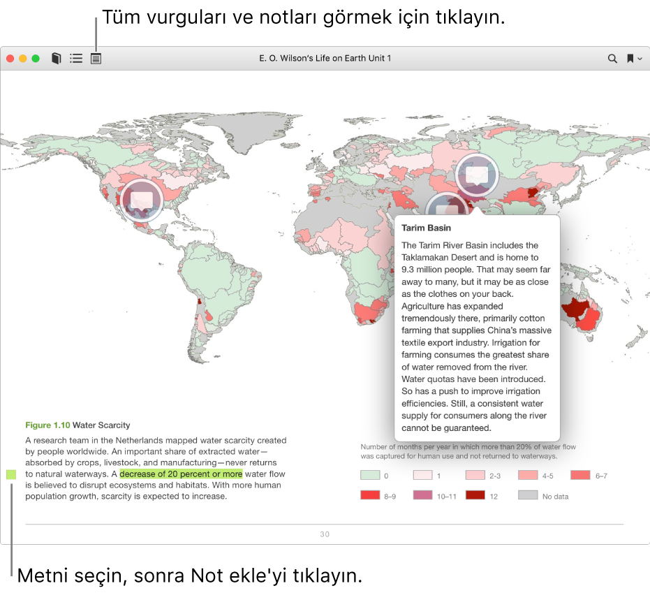 Vurgulanan metni, notu ve etkileşimli ortamı gösteren bir metin kitabı.